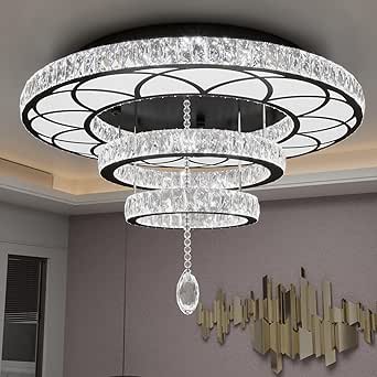 Flashing God W32'' Modern Black Crystal Chandeliers for Living Room 3 Ring Round Crystal Ceiling Light Fixture High Ceiling Foyer Entrance Crystal Chandeliers Dimmable LED 2700k 4500k 6000k