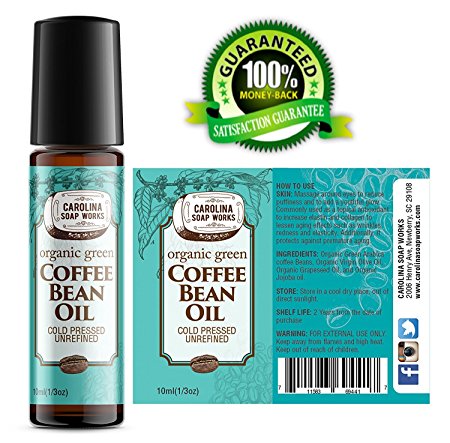 BEST Organic Green Coffee Bean Oil by Carolina Soap Works, Cold Pressed, Unrefined, 100% Natural (10ml)
