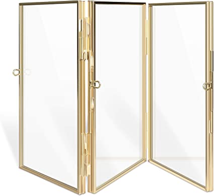 Navaris Folding Triple Photo Frame - Floats 6x4 Photos - Double-Sided Brass and Glass Picture Frame for Multiple Portrait Pictures - Size S, Gold