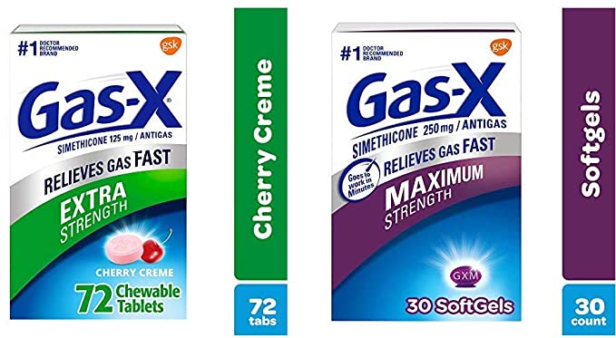 Gas X Chewable Extra Strength Tablets for Fast Gas and Bloating Relief, Cherry Flavor, 72 Count & Gas-X Maximum Strength Softgels for Fast Gas Relief, 30ct