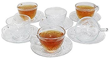 Chefcaptain Tea/Coffee Clear Glass Elegant Cup and Saucer Set, 12 Piece