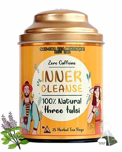 Sancha Tea Boutique Inner Cleanse Herbal Tea, Caffeine Free, (Pack of 25) 100% Biodegradable Tea Bags, 3 Tulsi Leaf Blend