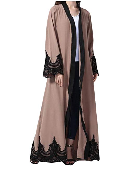 Comfy Women's Casual Lace Hem Line Stitch Long Sleeve Muslim Abaya