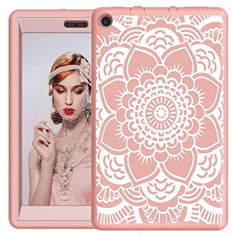 Hocase Fire HD 8 2017 Girls Case Drop Resistant Hybrid Dual Layer Protective Hard Rubber Case with Cute Flower Design for Fire HD 8 Tablet (7th Generation) - Rose Gold