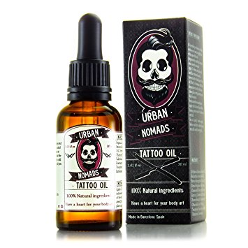 Tattoo Aftercare Oil by Urban Nomads – Handcrafted in Barcelona – Creamy Orange Scent – 100% Natural - Restores & Moisturizes Skin & Body Ink – Argan Oil, Vitamins, Essential Oils – 1 oz