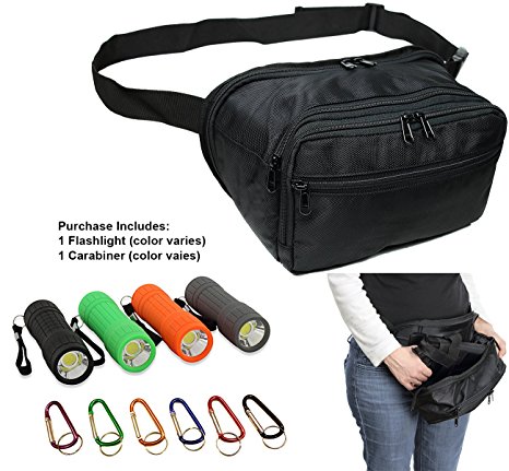 Mens Black Nylon Large Gun Carry Concealment Tactical Organizer Fanny Pack with Holster   Flashlight   Carabiner