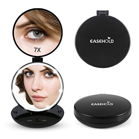 Easehold LED lighted Folding Travel Makeup Mirror, 1X/7X Handheld Double Sided Magnifying Cosmetic Vanity Mirror, Black