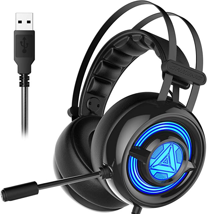SENICC Stereo Gaming Headset/USB Headset with Microphone Noise Cancelling,Surround Sound PS4 Headset Over-Ear PC Headphones with LED Light，W263