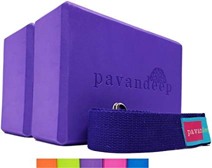 Yoga Blocks and Strap Set by Pavandeep (3pc Kit) EVA Yoga Foam Block (2 Pack)   Yoga Strap (1pc) Firm Grip for Balance Stability & Support in Yoga Pilates Meditation