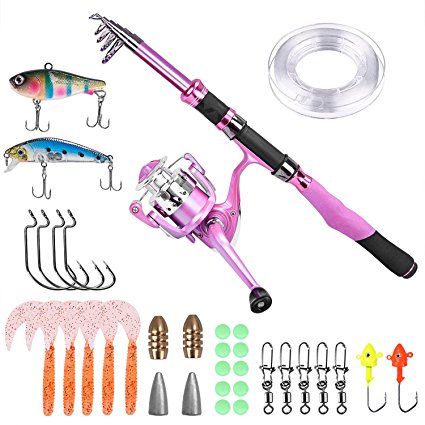 Ladies Telescopic Fishing Rod and Reel Combos,Spinning Fishing Pole Pink Designed for Ladies Fishing Girls Fishing Pole by PLUSINNO