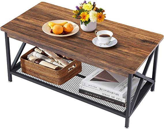 VECELO Coffee Table with Storage Shelf for Living Room 39.4 Inch, Simple Modern & Industrial Design, X-Shape Frame, Brown