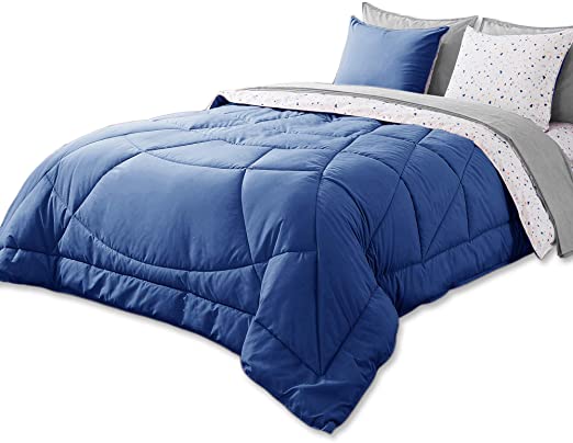 Kasentex 7 Piece Bed in A Bag Premium Brushed Microfiber Comforter Bedding Set – Reversible with Down Alternative Filling and Attractive Colors, Full/Queen, Derby Navy