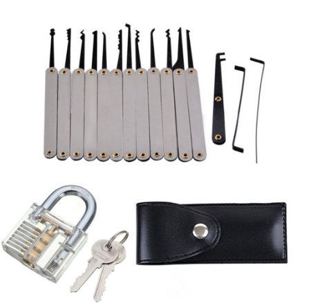 Practice Lock Set, NALAKUVARA Crystal Transparent Professional Visible Cutaway Inside View Padlocks with 2 keys, 12 pcs Various Picks Crochet Hook, Wrenches, Leather Pouch for Locksmith Training