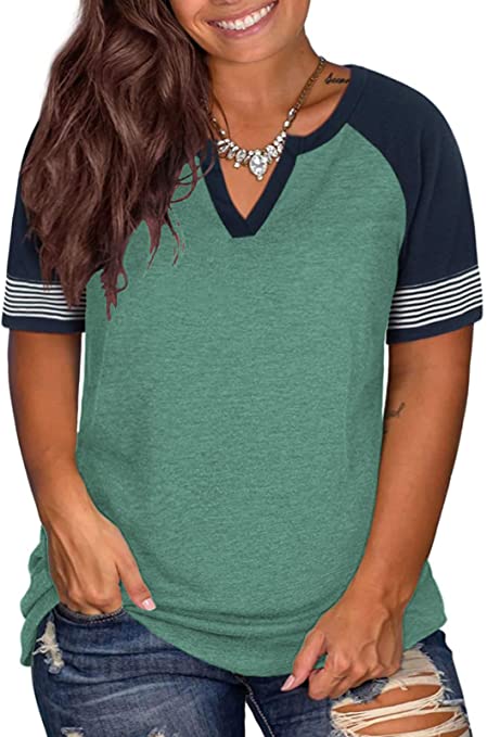 DOLNINE Womens Plus-Size Tops Raglan V Neck T Shirts Striped Short Sleeve Tunics