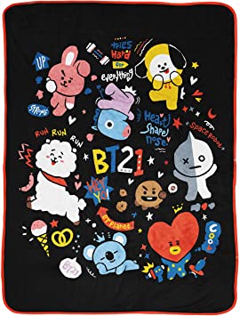 Jay Franco Line Friends BT21 Black & White Doodle Throw Blanket - Measures 46 x 60 inches, Kids Bedding - Fade Resistant Super Soft Fleece (Official Line Friends Product)