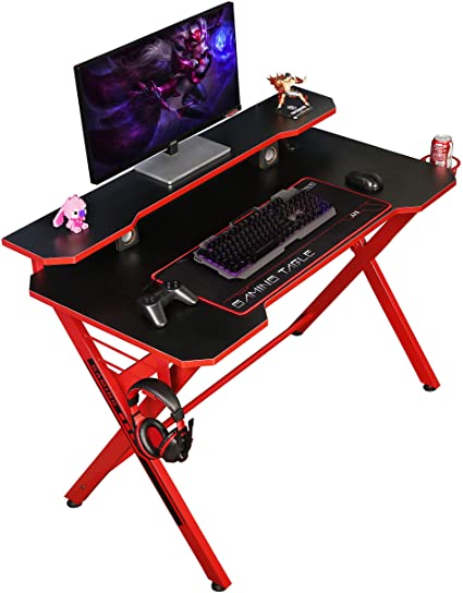 JJS 48" Home Office Gaming Computer Desk with Removable Monitor Stand, X Shaped Large Gamer Workstation PC Table with Cup Holder Headphone Hook Speaker Storage Free Mouse Pad, Red