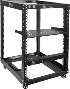 RIVECO 15U Open Frame Server Rack with Wheels 19" Networking Cabinet   PDU (8 Outlets) Power Strip Surge Protector   1U Shelf Cantilever Tray Set Black