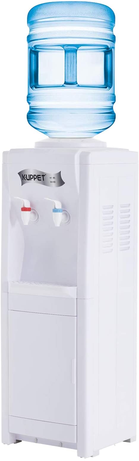 KUPPET Water Dispenser Top Loading Freestanding With Storage Cabinet, Water Coolers, Two Temperature, Hot(185℉-203℉), Normal Temperature(50℉-59℉),3-5 Gallon (32'', White)