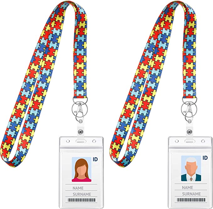 2 Pieces Autism Awareness Lanyard with ID Badge Holder for Women, Autism Puzzle Piece Lanyards Key Chain with Vertical ID Holder