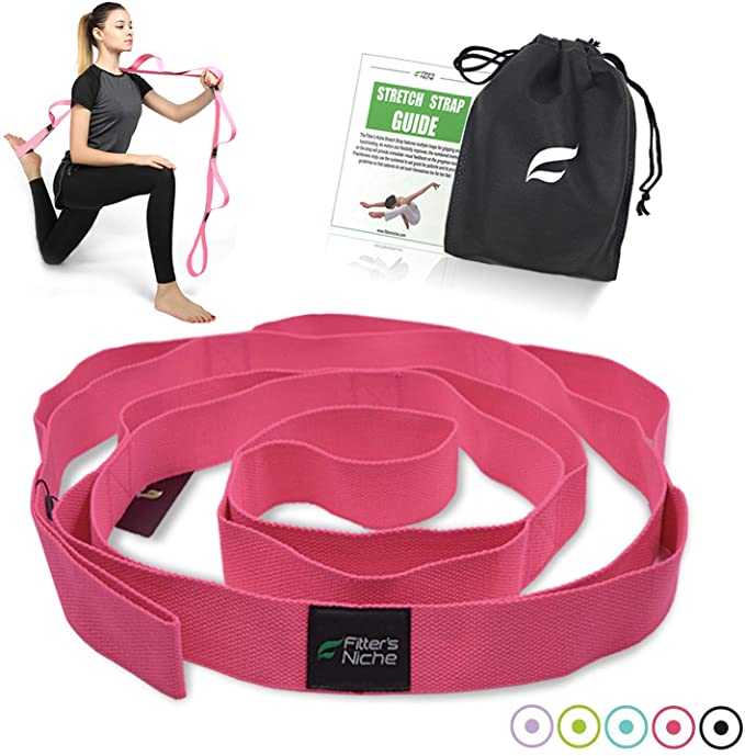 fitter's niche Yoga Stretch Strap, Non Elastic Exercise Band with 10 Loops Adjustable for Stretching Rehabilitation Flexibility Hamstring Physical Therapy Recovery, Free Carry Bag and Workout Guide