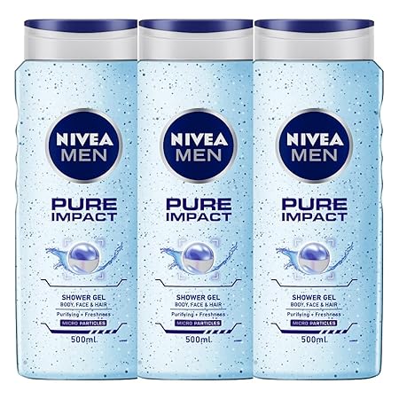 Nivea MEN Body Wash, Pure Impact with Purifying Micro Particles, Shower Gel 500 ml (Buy 2 get 1 Free), Transparent