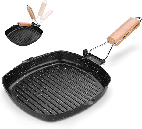 Odoland Camping Cookware Frying Pan Grilling Pan with Folding Handle, 9.5'' Portable Camp Pan Cooking Equipment for Outdoor Camping Hiking and Picnic, Durable and Non-stick