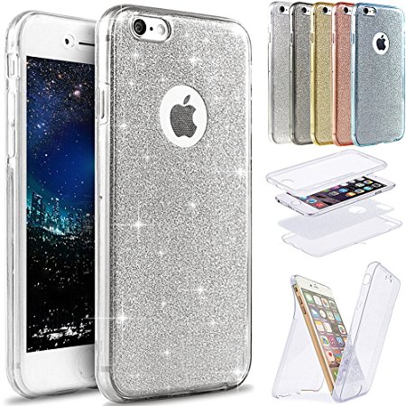 iPhone 6S Plus Case,iPhone 6 Plus Case,ikasus [Full-Body 360 Coverage Protective] 2in1 Sparkly Shiny Glitter Bling Front Back Soft Clear TPU Silicone Rubber Case for iPhone 6S Plus/ 6 Plus 5.5",Silver