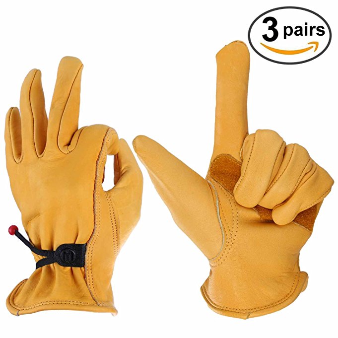 OZERO Leather Work Gloves for Wood Cutting, Men & Women, with Adjustable Wrist, Gold, Large (3 Pairs)