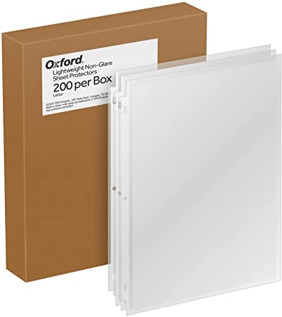 Oxford Lightweight Sheet Protectors, Non Glare Matte, Top Load, Letter Size Plastic Sleeves, Reinforced 3 Hole Punch for Binders, 200 per Box (33266)