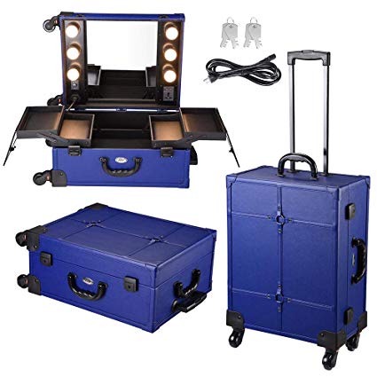 AW Large Tabletop Makeup Train Case with LED Lights Mirror Cosmetic Rolling Trolley Travel Makeup Station Studio