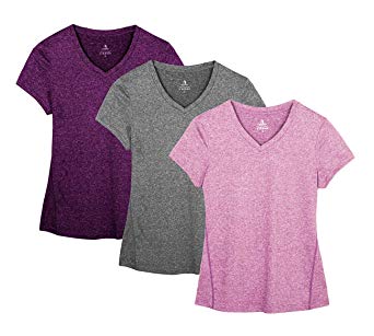 icyzone Workout Shirts Yoga Tops Activewear V-Neck T-Shirts for Women Running Fitness Sports Short Sleeve Tees(Pack of 3)