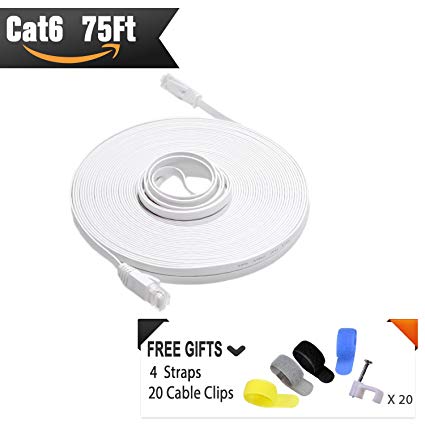 Cat 6 Ethernet Cable 75 ft Flat (at a Cat5e Price but Higher Bandwidth) Cat6 White Internet Network Cable - Computer Lan Cable - Long Patch Cables with Cable Clips and Straps