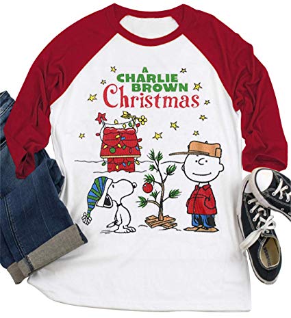 CHICFLORAL A Charlie Brown Christmas Baseball T-Shirts Women's Casual Long Raglan Sleeve Baseball Tees Cute Printed Tops