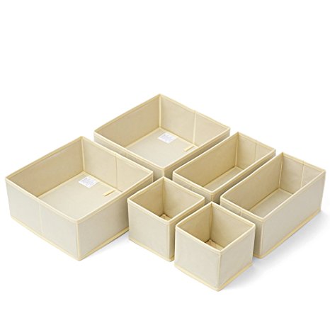 Set of 6 Nursery Drawer Organizer EZOWare Folding Closet Dresser Office Storage Basket bins Containers for Bras, Socks, Underwear, Tie, Scarves, Gloves, Ties, Diaper, Toys and more - Beige