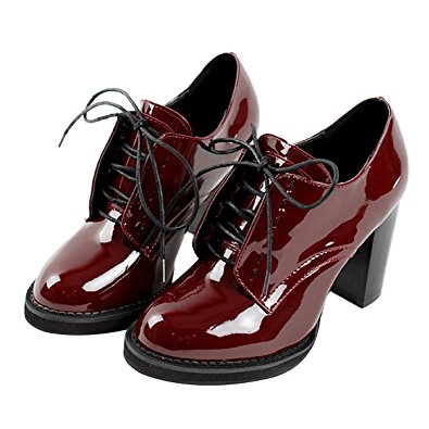 Inornever Wingtip Oxford Womens Lace Up Chunky High Heel Vintage Patent Leather Dress Pumps Shoes