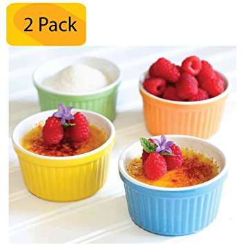 Uno Casa Creme Brulee Ramekins 5 oz Dishes Set of 4 Baking Cups - for Souffle, Custard, Pudding, Desserts in Beautiful Bright Ceramic Colors (2 Pack)