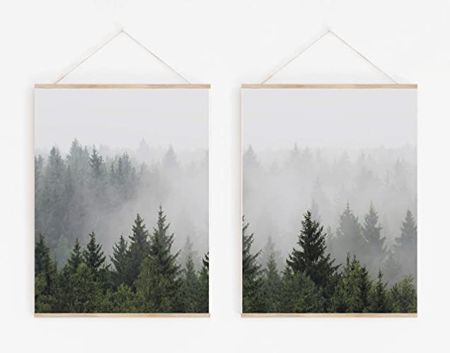 Mountain Forest with Trees Landscape Wall Art - Set of 2-11x14 UNFRAMED Prints - Foggy Nordic Evergreen-Themed Modern Photography Wall Decor. Tones of Green and Gray