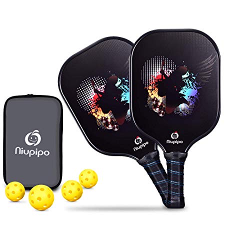 Niupipo Graphite Pickleball Paddle Set, Graphite Carbon Fiber Face Pickleball Racquet with Cushion Comfort Grip and Nomex Honeycomb Core Racket,2 Paddles 4 Pickleball Balls