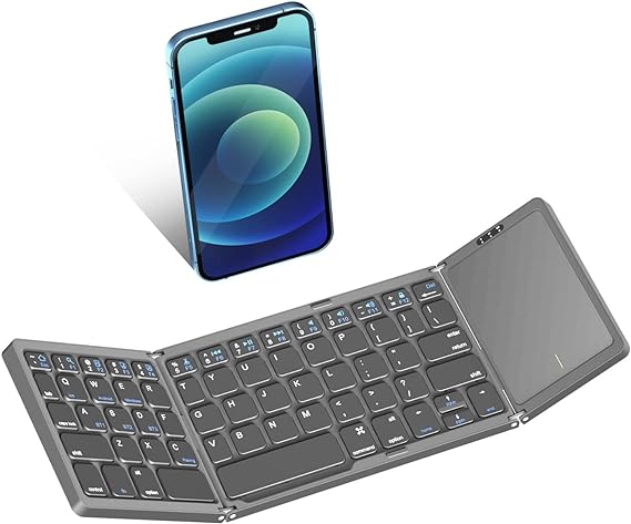 Foldable Keyboard with Full Touchpad, Gimibox Pocket Size Keyboard for Android, Windows, PC, Tablet, Type-C Rechargeable Li-ion Battery-Dark Gray (Touchpad)