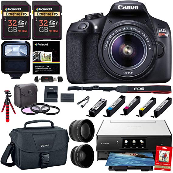 Canon EOS Rebel T6 Digital SLR Camera Kit, EF-S 18-55mm f/3.5-5.6 is II Lens, Canon PIXMA Printer, Photo Paper, 2X 32GB Memory Card and Accessory Bundle