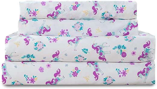HowPlum 4-Piece Full Floral Unicorn Bed Sheet Set Deep Pocket Microfiber Bedding, Pink Purple Teal