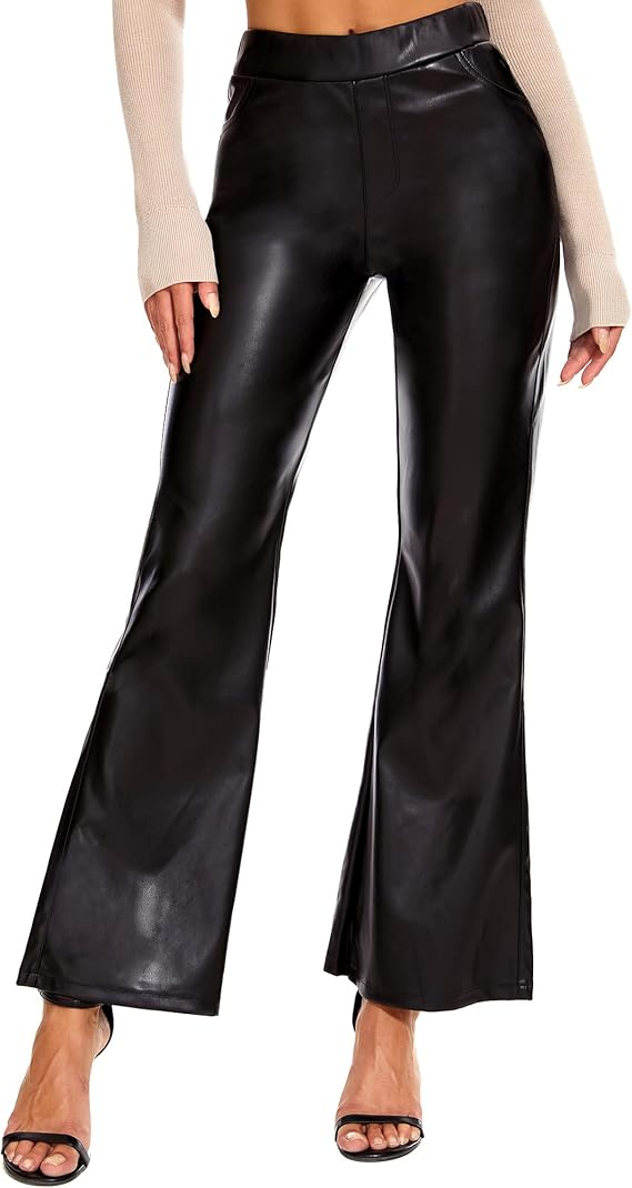 Ginasy Faux Leather Bell Bottom Pants for Women Flare Trousers High Waist Bootcut Pleather Slacks with Pockets