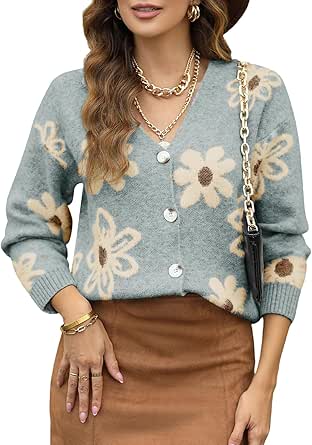 Dokotoo Cardigan Sweaters for Women Open Front Long Sleeve Button Down V-Neck Knit Floral Sweater