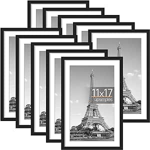 upsimples 11x17 Picture Frame Set of 10, Display Pictures 9x15 with Mat or 11x17 without Mat, Multi Photo Frames Collage for Wall Display, Black