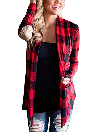 Asvivid Women's Plaid Print Long Sleeve Elbow Patch Draped Open Front Cardigan Sweater