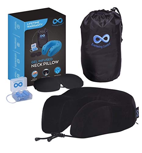 Everlasting Comfort 100% Memory Foam Travel Neck Pillow, Gel Infused & Ventilated, Airplane Accessory Kit with Sleep Mask and Earplugs