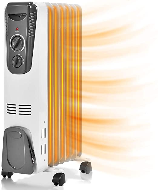 COSTWAY Oil Filled Radiator Heater, 1500W Portable Space Heater with Adjustable Thermostat, 3 Heat Settings, Overheat and Tip-Over Protection, Electric Room Heater for Bedroom, Indoor use, Gray