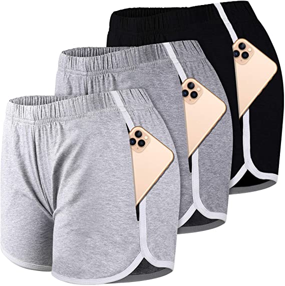 Bodybay 3 Pack Women Dolphin Shorts with Pockets Elastic Waist Cotton Shorts Booty Shorts Yoga Athletic Running Workout