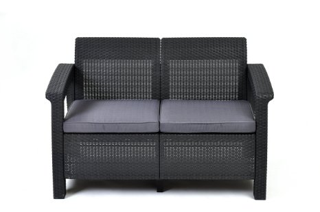 Keter Corfu Love Seat All Weather Outdoor Patio Garden Furniture w/ Cushions, Charcoal