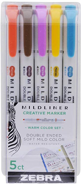 Zebra Pen 783051 Mildliner Double Ended Highlighters, Bullet and Chisel Tips, Mild Water Resistant Ink, AP Certified and Non-toxic, Translucent Ink, Assorted Colors, Pack of 5